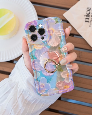 Vỏ iPhone 12 Pro Max Nhẫn, hoa sơn dầu Hoa retro đầy màu sắc khung sóng xoăn dễ thương Vỏ điện thoại nữ