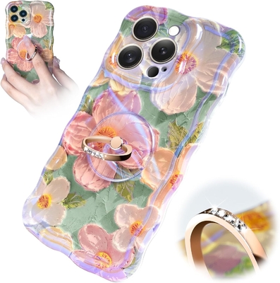 Vỏ iPhone 12 Pro Max Nhẫn, hoa sơn dầu Hoa retro đầy màu sắc khung sóng xoăn dễ thương Vỏ điện thoại nữ