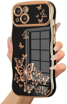 Ống điện thoại iPhone 13 cho bé gái, khung sóng xoăn, mô hình bướm bọc sang trọng, bảo vệ ống kính chống va chạm bằng thạch cao