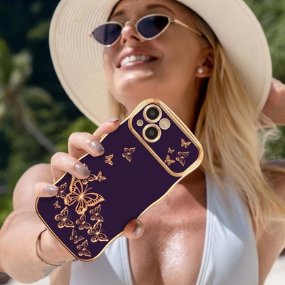 Ống điện thoại iPhone 13 cho bé gái, khung sóng xoăn, mô hình bướm bọc sang trọng, bảo vệ ống kính chống va chạm bằng thạch cao