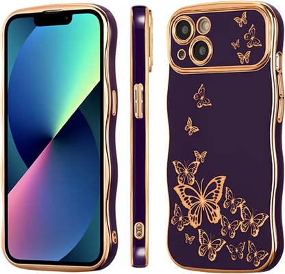 Ống điện thoại iPhone 13 cho bé gái, khung sóng xoăn, mô hình bướm bọc sang trọng, bảo vệ ống kính chống va chạm bằng thạch cao