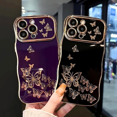 Ống điện thoại iPhone 13 cho bé gái, khung sóng xoăn, mô hình bướm bọc sang trọng, bảo vệ ống kính chống va chạm bằng thạch cao