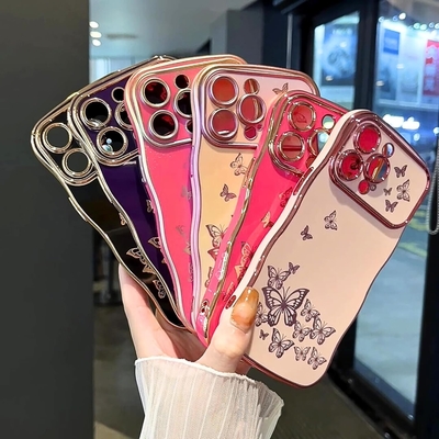 Ống điện thoại iPhone 13 cho bé gái, khung sóng xoăn, mô hình bướm bọc sang trọng, bảo vệ ống kính chống va chạm bằng thạch cao