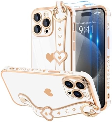 iPhone 12 Pro Cute Love-Heart Plating Strap Cover Phone Cover for Women Girls Bling Silicone Camera Lens Bảo vệ đệm