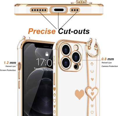 iPhone 12 Pro Cute Love-Heart Plating Strap Cover Phone Cover for Women Girls Bling Silicone Camera Lens Bảo vệ đệm