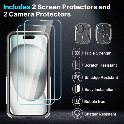 [5 trong 1 cho iphone 15 Plus Case, với 2 gói Screen Protector + 2 gói Camera Lens Protector, Heavy-Duty Tough Rugged