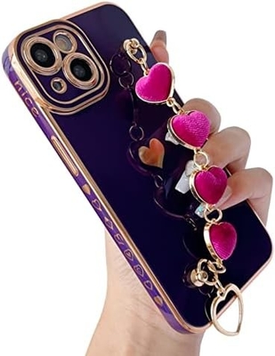 cho iPhone 12 Pro Max Case,Cute Plating Love Heart Wrist Strap Chain Bracelet mềm tương thích với