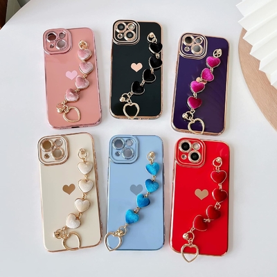 cho iPhone 12 Pro Max Case,Cute Plating Love Heart Wrist Strap Chain Bracelet mềm tương thích với