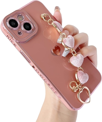 cho iPhone 12 Pro Max Case,Cute Plating Love Heart Wrist Strap Chain Bracelet mềm tương thích với