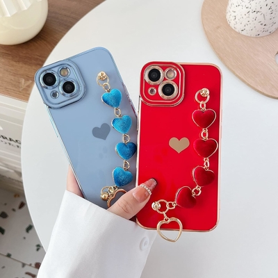 cho iPhone 12 Pro Max Case,Cute Plating Love Heart Wrist Strap Chain Bracelet mềm tương thích với