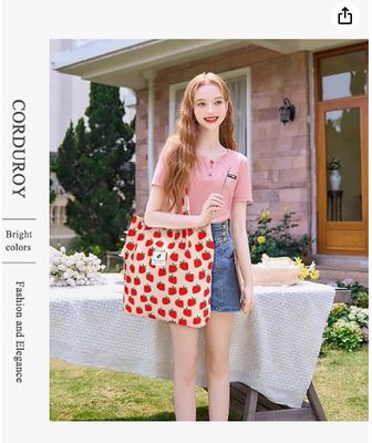 Tote Phụ nữ Cô gái, Capacity lớn Corduroy tái sử dụng đồ ăn túi vai với bên trong